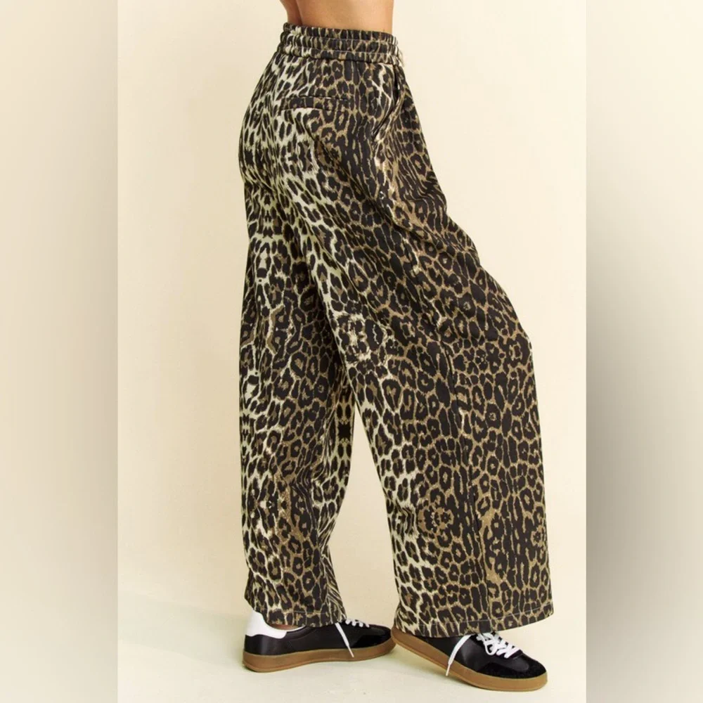 🟠272B. Drawstring Leopard Wide Leg Pants - Picture 3 of 8